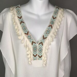 Casting Boho Beaded V-Neck Tunic Blouse White Sz XL Made in France Resortwearar